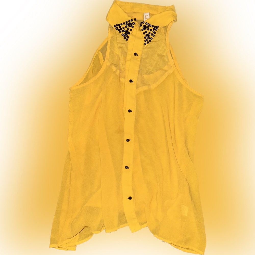 Yellow Mesh Button Up Shirt with Studded Collar
